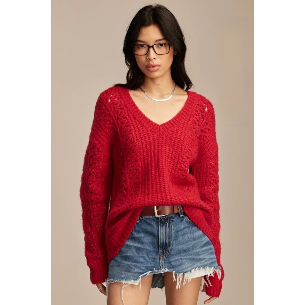 NWT Lucky Brand V Neck pointelle cable pullover sweater Ret. $90